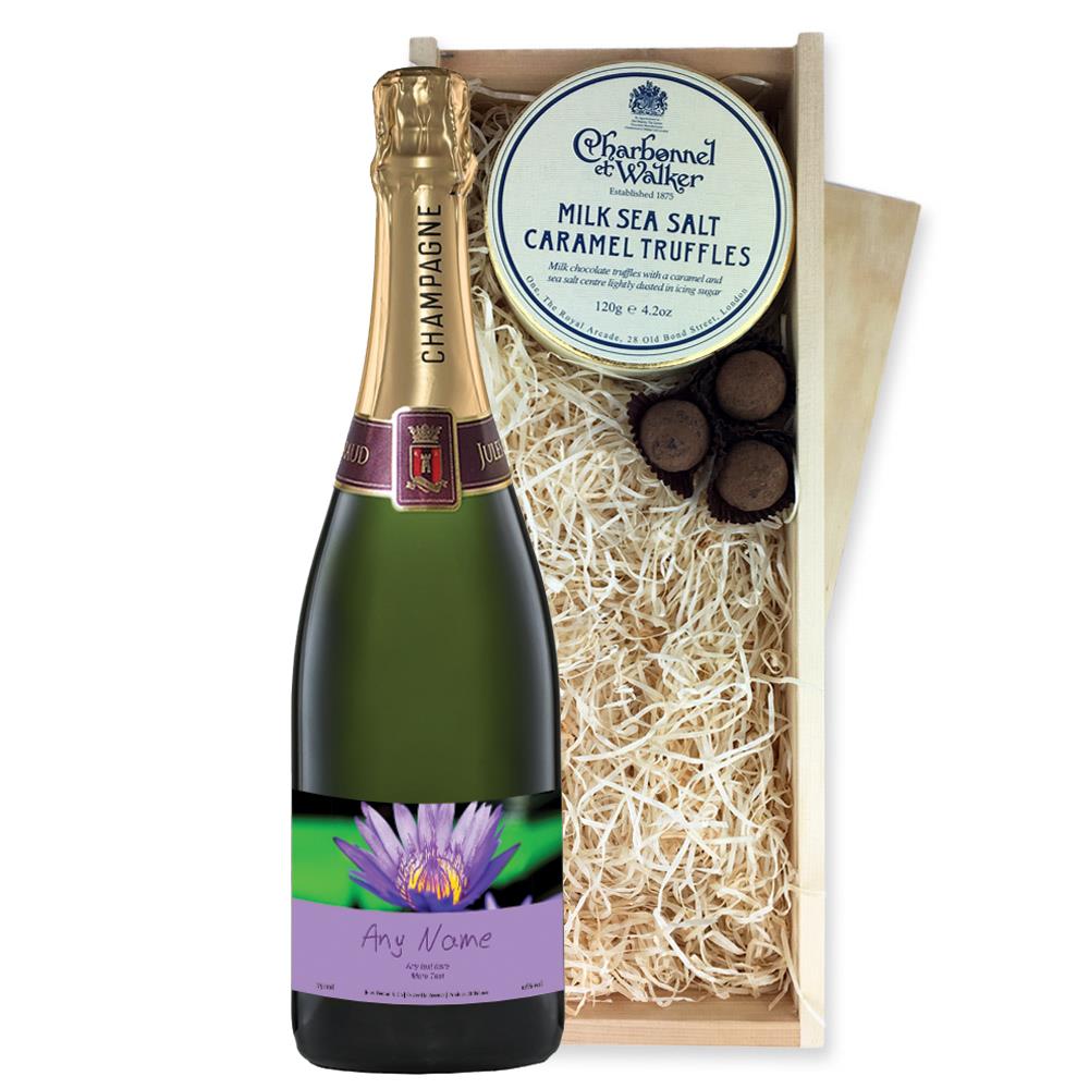 Personalised Champagne - Purple Flower Label And Milk Sea Salt Charbonnel Chocolates Box